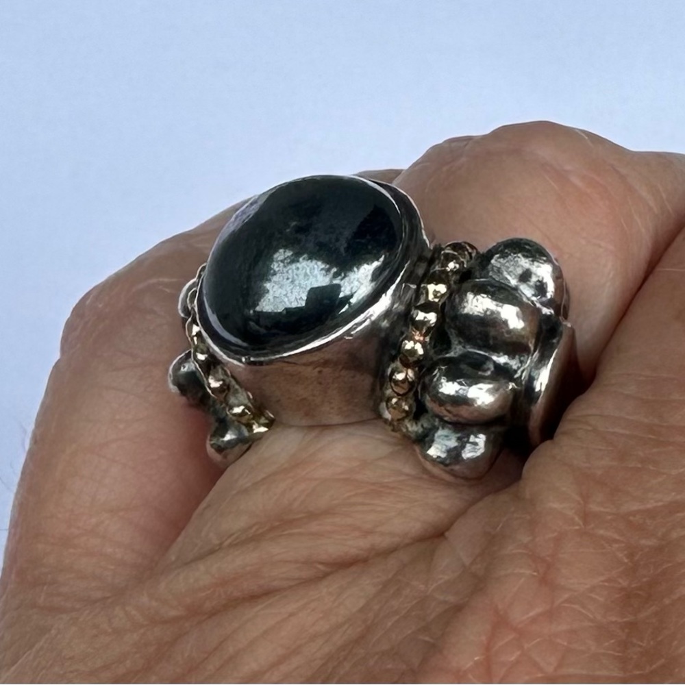 Lagos Caviar 18k gold and 925 silver mabe black pearl ring size 7